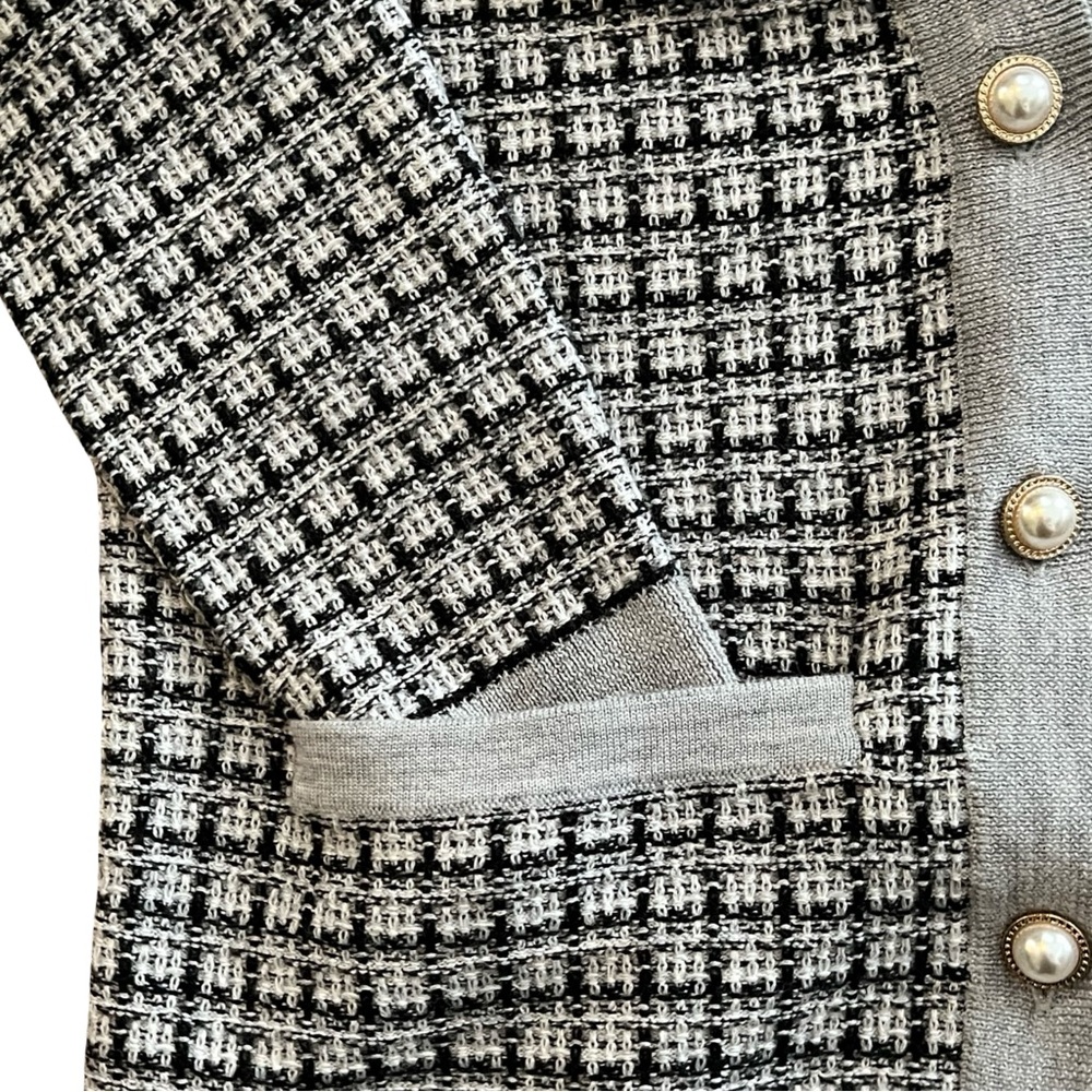Merino Wool Cardigan by Talbots in Black, White and Grey Mini Plaid - Picture 4 of 11